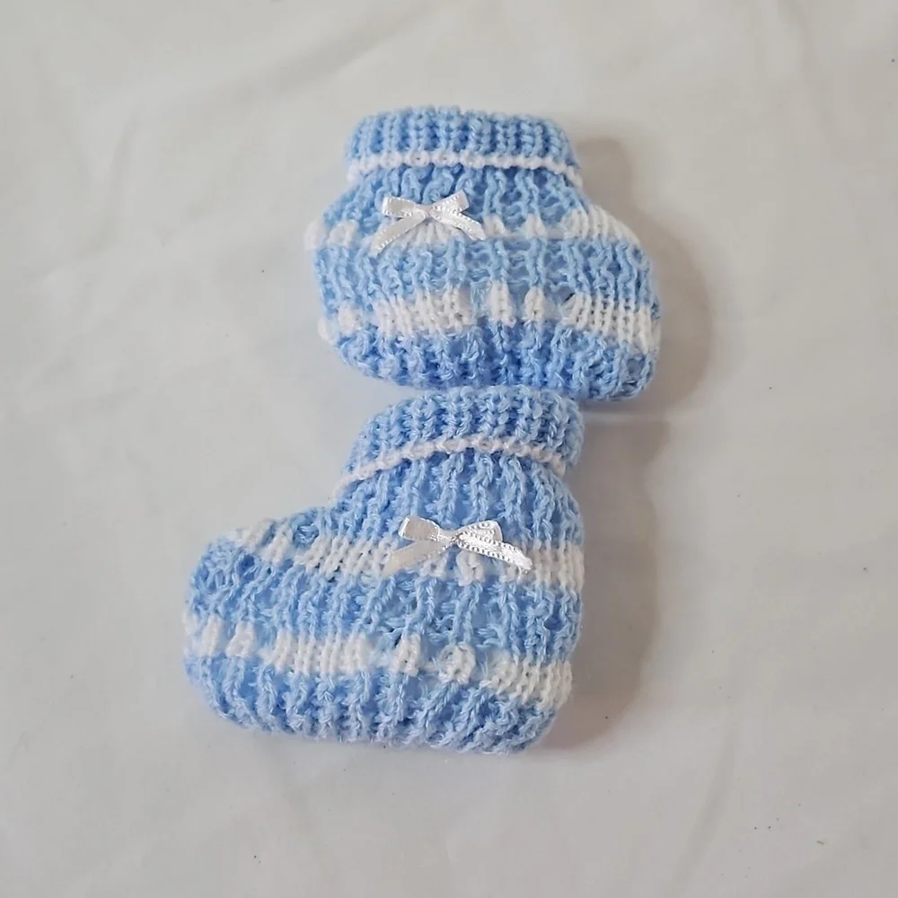 Hand Crafted Crochet Baby Shoes Baby Blue and white Tread & Handmade Bow Ribbon